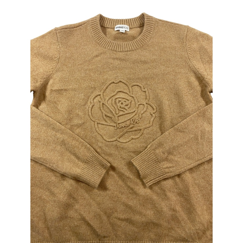 Minnie Rose Womens XS Camel Tan Embossed Rose Crewneck Long Sleeve Knit Sweater